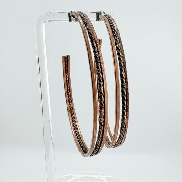Vintage Large Copper Hoop Earrings Brutalist Statement Filigree Southwestern - Picture 8 of 10